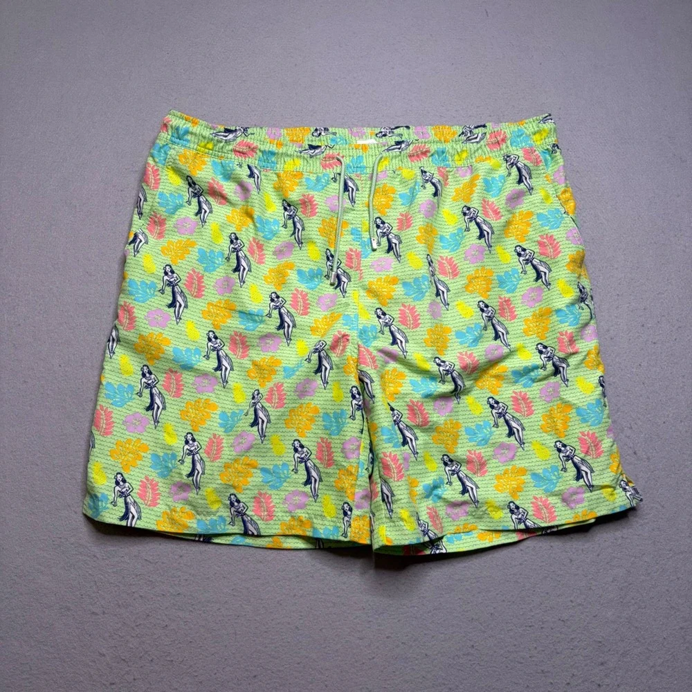 Peter Millar Swim Trunks Mens XL Green MS17P07 Hula Girl Tropical Print Shorts